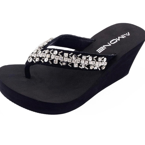 AIMONE-Appoline Wedge Flip Flop Sandals for Women Black Platform Sparkle - Picture 3 of 5